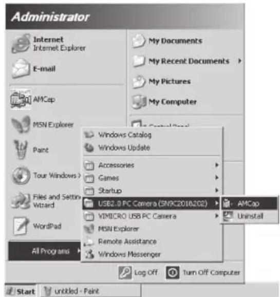 Administrator Internet Internet Explorer E-mail AMCep My Documents My Recent Documents My Pictures My Computer MSN Explorer Windows Catalog Windows Update Accessories Games Startup USB2.0 PC Camera (SN9C2018/202) AMCap VIMICRO USB PC Camera MSN Explorer Remote Assistance Windows Messenger All Programs Log Off Turn Off Computer Start Untitled - Paint
