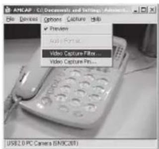 AMCAP C/O Documentset and Settings File Devices Options Capture Help Preview Audio Capture... Video Capture Filter... Video Capture Pin... USB2.0 PC Camera (ENBC201)