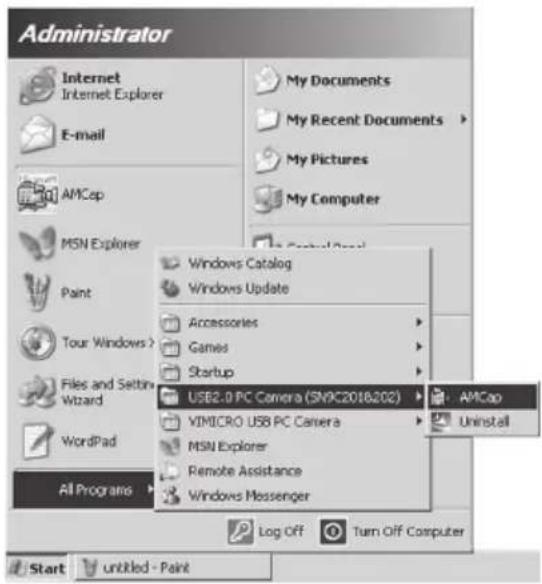Administrator Internet Internet Explorer E-mail AMCap MSN Explorer Paint Tour Windows > Files and Settings Wizard WordPad All Programs My Documents My Recent Documents My Pictures My Computer Windows Catalog Windows Update Accessories Games Startup USE2.0 PC Camera (SNPC2018/202) AMCap VIMICRO USB PC Camera MSN Explorer Remote Assistance Windows Messenger Log Off Turn Off Computer Start untitled - Paint