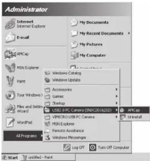 Administrator Internet Internet Explorer E-mail My Documents My Recent Documents > My Pictures My Computer AMCap MSN Explorer Paint Tour Windows ? Files and Settings Wizard WordPod All Programs Windows Catalog Windows Update Accessories Games Startup USB2.0 PC Camera (SN9/C2018/202) VIMCRO USB PC Camera MSN Explorer Remote Assistance Windows Messenger Log Off Turn Off Computer Start untitled - Paint AMCap Uninstall