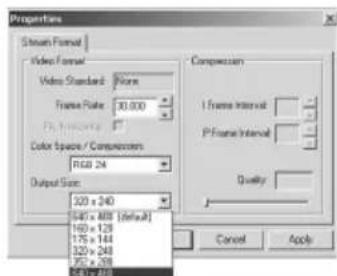 Proportions Stream Format Video Format None Frame Rate: 30.000 Color Space / Compressor: RGB 24 Output Size: 520 x 240 540 x 868 [default] 160 x 128 175 x 144 320 x 243 350 x 269 540 x 868 Compression 1 frame Interval P Frame Interval Quality Cancel Apply
