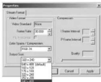 Proportions Stream Format Video Format Volume Standard: None Frame Rate: 30.000 Color Space / Compression: RGB 24 Output Size: 320 x 240 540 x 488 (default) 160 x 129 175 x 164 320 x 243 350 x 269 640 x 488 Compression I frame Interval P frame Interval Quality Cancel Apply