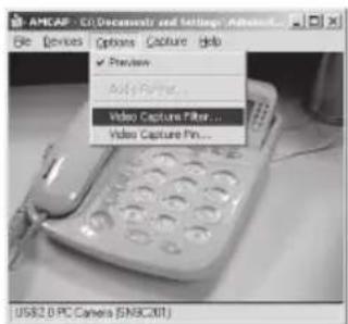AMCAP - C1: Decosksys and Settings: Advanced... File Devices Options Capture Help ✓ Preview Add Picture... Video Capture Filter... Video Capture Pin... US$2.0 PC Camera (SN9C201)