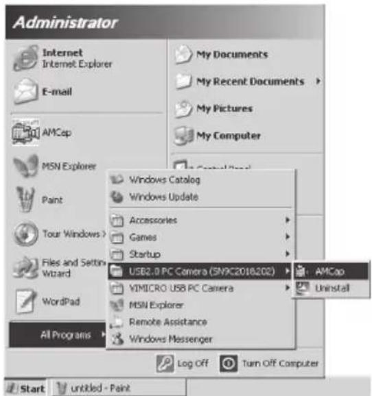 Administrator Internet Internet Explorer E-mail AMCap My Documents My Recent Documents My Pictures My Computer MSN Explorer Windows Catalog Windows Update Accessories Games Startup USB2.0 PC Camera (SNPC2018.202) AMCap VIMICRO USB PC Camera MSN Explorer Remote Assistance Windows Messenger All Programs Log Off Turn Off Computer Start Untitled - Paint
