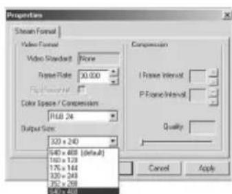 Proportions Stream Format Video Format Video Standard None Pixel Rate 30.000 Color Space / Compression F168.24 Output Size: 323 x 240 540 x 468 (default) 160 x 128 175 x 144 320 x 243 352 x 269 540 x 468 Compression I Frame Interval P Frame Interval Quality Cancel Apple