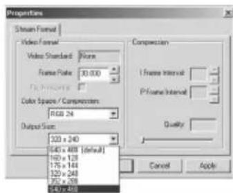 Proportions Stream Format Video Format Volume Frame Rate: 30.000 Color Space / Compressor: RGB 24 Output Size: 223 x 240 640 x 489 [default] 140 x 129 175 x 144 320 x 243 352 x 269 640 x 489 Compression 1 Frame Interval P Frame Interval Quality: Cancel Apply