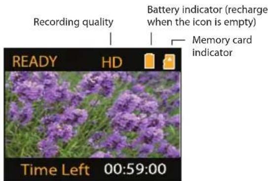 Recording quality Battery indicator (recharge when the icon is empty) Memory card indicator READY HD Time Left 00:59:00