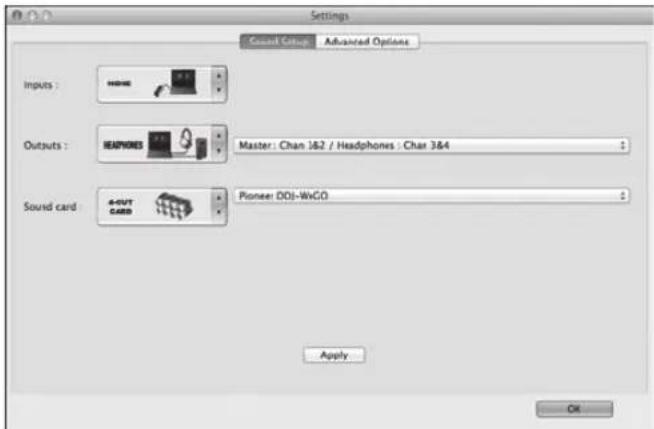 Settings Ground Setup Advanced Options Inputs : HOMO Outputs : HEADWORDS Master: Chan 3&2 / Headphones : Char 3&4 Sound card G-OUT CARD Pioneer DOI-WGOD Apply OK