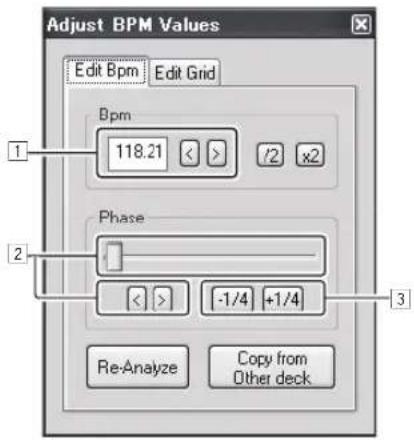 Adjust BPM Values Edit Bpm Edit Grid Bpm 118.21 Phase -1/4 +1/4 Re-Analyze Copy from Other deck