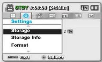 STBY 0:00:00 [49Min] Settings Storage Storage Info Format MENU Exit Select