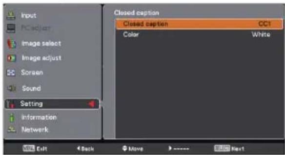 Input PC adjust Image select Image adjust Screen Sound Setting Information Network Closed caption Closed caption CC1 Color White Edit Desk Move > ---- Next