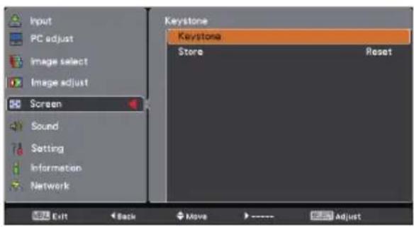 Input PC adjust Image select Image adjust Screen Sound Setting Information Network Keystone Keystone Store Reset Exit Back Move Adjust