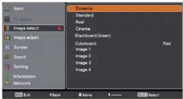 Input PC adjust Image select Image adjust Screen Sound Setting Information Network Dynamio Standard Real Cinema Blackboard(Green) Colorboard Image 1 Image 2 Image 3 Image 4 Red Exit Back Move Select
