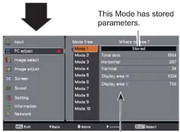 This Mode has stored parameters. Input PC adjust Image select Image adjust Screen Sound Setting Information Network Mode free Mode 1 Total dots 1344 Horizontal 297 Vertical 34 Display area H 1024 Display area V 768 Where to free ? Stored Mode 2 Mode 3 Mode 4 Mode 5 Mode 6 Mode 7 Mode 8 Mode 9 Mode 10 Exit Back Move Select