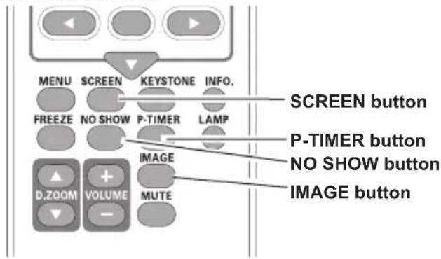 MENU SCREEN KEYSTONE INFO. FREEZE NO SHOW P-TIMER LAMP D.ZOOM VOLUME IMAGE MUTE SCREEN button P-TIMER button NO SHOW button IMAGE button