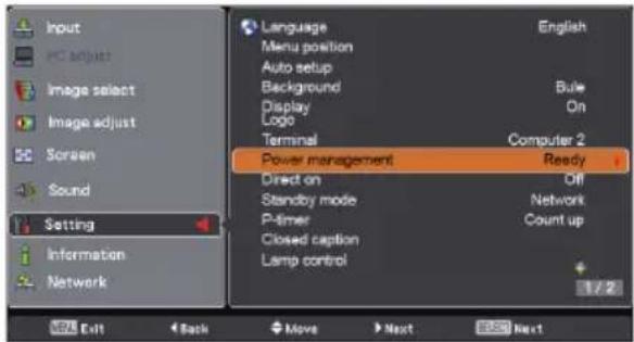Input PC adjust Image select Image adjust Screen Sound Setting Information Network Language Menu position Auto setup Background Display Logo Terminal Power management Ready Direct on Standby mode P-timer Closed caption Lamp control English Bule On Computer 2 Off Network Count up 1 / 2 Exit Back Move Next Next