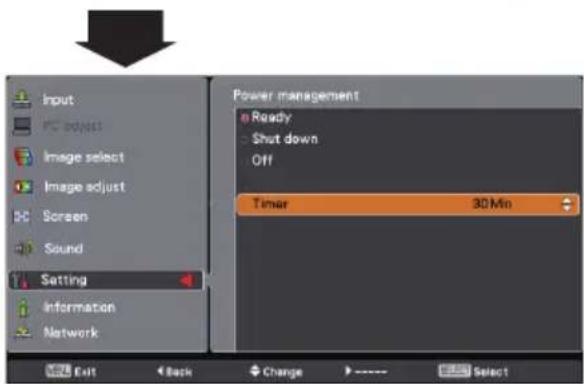 Input PC adjust Image select Image adjust Screen Sound Setting Information Network Power management Ready Shut down Off Timer 30 Min Exit Back Change Select