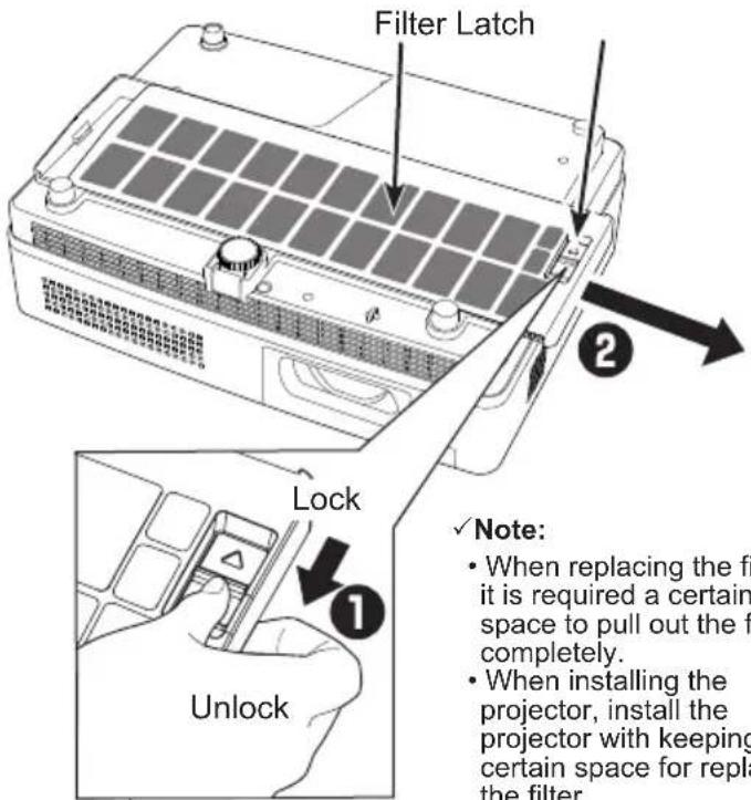 Filter Latch Lock Unlock ✓ Note: • When replacing the filter it is required a certain space to pull out the filter completely. • When installing the projector, install the projector with keeping certain space for replace the filter.