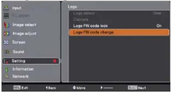 Input FC adjust Image select Image adjust Screen Sound Setting Information Network Edit Back Move Next Logo Logo select Capture Logo PIN code look On Logo PIN code change