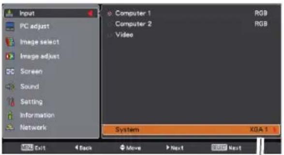 Input PC adjust Image select Image adjust Screen Sound Setting Information Network Computer 1 Computer 2 Video System XQA 1 Exit Back Move Next Next