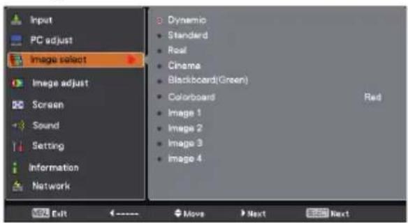 Input PC adjust Image adjust Image adjust Screen Sound Setting Information Network Dynamic Standard Real Cinema Blackboard(Green) Colorboard Image 1 Image 2 Image 3 Image 4 Red Exit Move Next Next