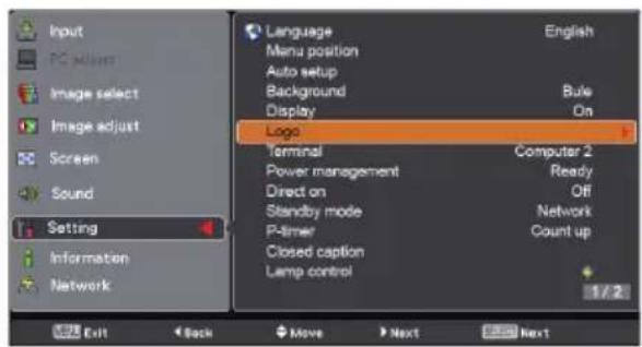 Input PC adjust Image select Image adjust Screen Sound Setting Information Network Language Menu position Auto setup Background Display English Bule On Logo Terminal Power management Direct on Standby mode P-timer Closed caption Lamp control Computer 2 Ready Off Network Count up 1/2 Exit Back Move Next Next