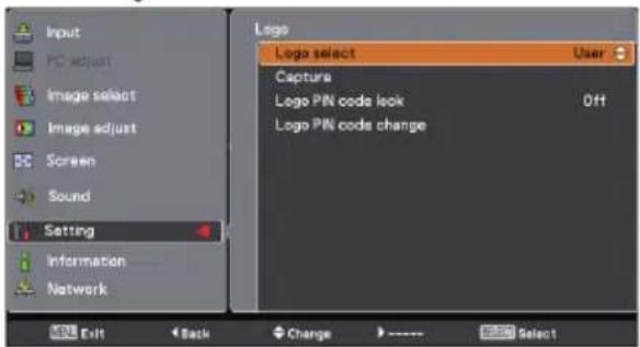 Input PC adjust Image select Image adjust Screen Sound Setting Information Network Logo Logo select User Capture Logo PIN code look Off Logo PIN code change Exit Back Change Select