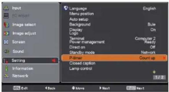 Input PC adjust Image select Image adjust Screen Sound Setting Information Network Language Menu position Auto setup Background Display Logo Terminal Power management Direct on Standby mode P-Pointer Closed caption Lamp control English Bule On Computer 2 Ready Off Network Count up 1/2 Edit Back Move Next Next