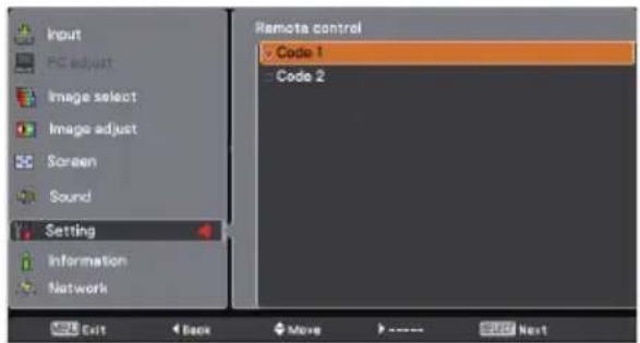 Input PC adjust Image select Image adjust Screen Sound Setting Information Network Remote control Code 1 Code 2 Exit Book Move Next