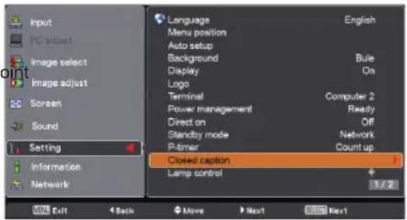 Input PC adjust Image select Image adjust Screen Sound Setting Information Network Language Menu position Auto setup Background Display Logo Terminal Power management Direct on Standby mode P-timer English Bule On Computer 2 Ready Off Network Count up Closed caption Lamp control 1 / 2 Exit Back Move Next Next