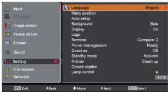 Input PC adjust Image select Image adjust Screen Sound Setting Information Network Language Menu position Auto setup Background Display Logo Terminal Power management Direct on Standby mode P-timer Closed caption Lamp control English Bule On Computer 2 Ready Off Network Count up 1 / 2 Exit Back Move Next Next1