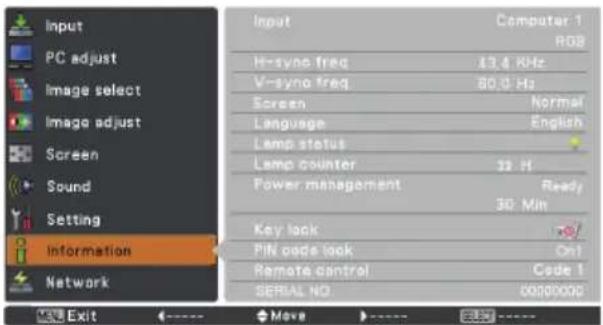 Input PC adjust Image select Image adjust Screen Sound Setting Information Network Input Computer 1 RGB H-syno freq 13.4 MHz V-syno freq 80.0 Hz Screen Normal Language English Lamp status Lamp counter 32 Hz Power management Ready 30 Min Key lock Pin code lock On1 Remote control Code 1 SERIAL NO. 00000000 Exit Move SALD