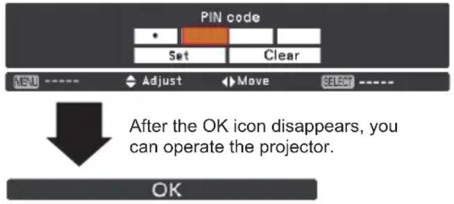 PIN code Set Clear MENU ---- Adjust ▶ Move SELECT ---- After the OK icon disappears, you can operate the projector. OK