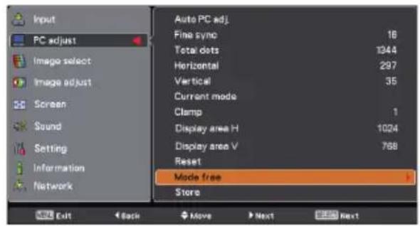 Input PC adjust Image select Image adjust Screen Sound Setting Information Network Auto PC adj Fine sync 16 Total dots 1344 Horizontal 297 Vertical 35 Current mode Clamp 1 Display area H 1024 Display area V 768 Reset Mode free Store Exit Back Move Next Next Next