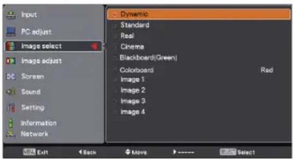 Input PC adjust Image select Image adjust Screen Sound Setting Information Network Dynamic Standard Real Cinema Blackboard(Green) Colorboard Image 1 Image 2 Image 3 Image 4 Red Exit Back Move Select