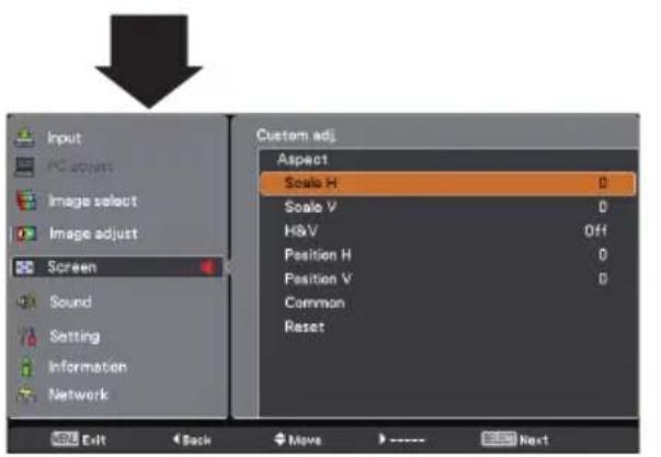 Input PC adjust Image select Image adjust Screen Sound Setting Information Network Custom adj Aspect Scale H Scale V H&V Position H Position V Common Reset Next