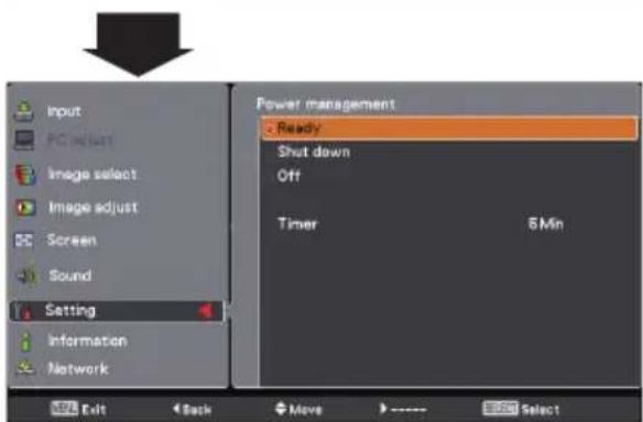 Input PC return Image select Image adjust Screen Sound Setting Information Network Power management Ready Shut down Off Timer 5 Min Exit Back Move > Select
