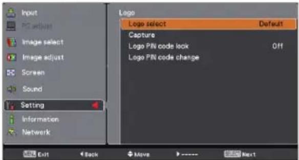 Input PC adjust Image select Image adjust Screen Sound Setting Information Network Logo Logo select Default Capture Logo PIN code lock Off Logo PIN code change Exit Back Move > ---- Next