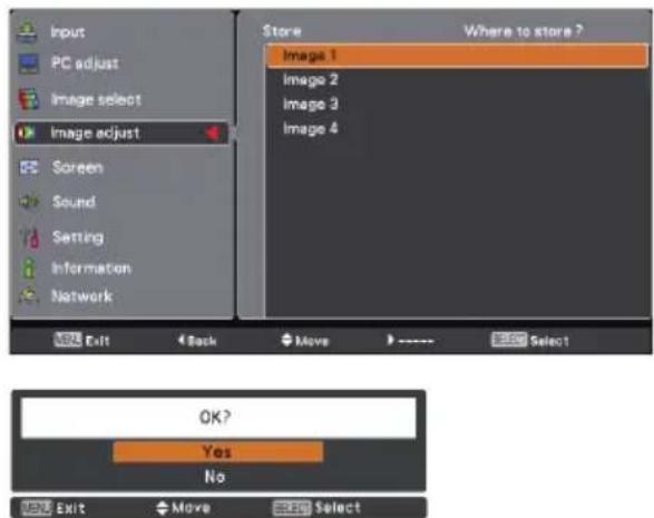 Input PC adjust Image select Image adjust Screen Sound Setting Information Network Store Where to store ? Image 1 Image 2 Image 3 Image 4 Exit Back Move Select OK? Yes No Exit Move Select