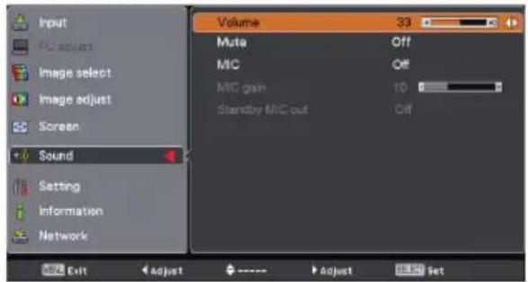 Input PC adjust Image select Image adjust Screen Sound Setting Information Network Volume 33 Mute Off MIC Off MIC gain 10 Standby MIC out Off Exit Adjust Adjust Set