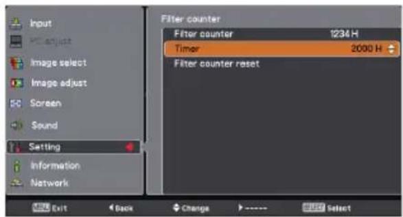 Input PC adjust Image select Image adjust Screen Sound Setting Information Network Filter counter Filter counter 1234 H Timer 2000 H Filter counter reset Exit Back Change > Select