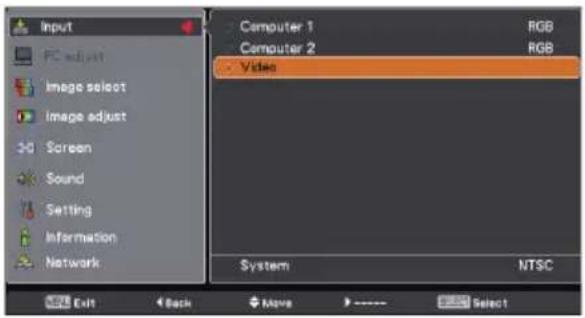 Input PC adjust Image select Image adjust Screen Sound Setting Information Network Computer 1 RGB Computer 2 RGB - Video System NT$C Exit Back Move Select