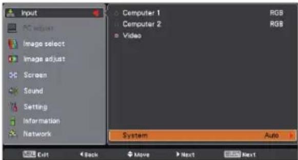 Input PC adjust Image select Image adjust Screen Sound Setting Information Network Computer 1 Computer 2 Video System Auto RGB RGB Exit Back Move Next Next