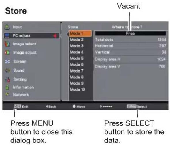 Store Input PC adjust Image select Image adjust Screen Sound Setting Information Network Store Mode 1 Mode 2 Mode 3 Mode 4 Mode 5 Mode 6 Mode 7 Mode 8 Mode 9 Mode 10 Where to store ? Free Total dots 1344 Horizontal 297 Vertical 34 Display area H 1024 Display area V 786 Exit Back Move Select Press MENU button to close this dialog box. Press SELECT button to store the data.