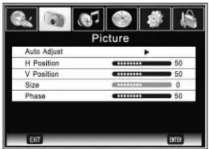 Picture Auto Adjust H Position 50 V Position 50 Size 0 Phase 50 EXIT ENTER