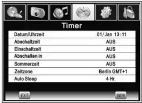 Timer Datum/Uhrzeit 01/Jan 13:11 Abschaltzeit AUS Einschaltzeit AUS Abschalten in AUS Sommerzeit AUS Zeitzone Berlin GMT+1 Auto Sleep 4 Hr. EXIT ENTER