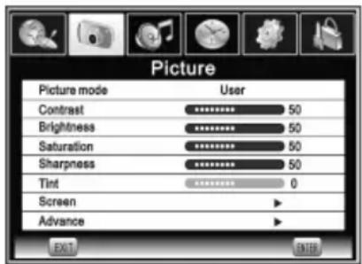 Picture Picture mode User Contrast 50 Brightness 50 Saturation 50 Sharpness 50 Tint 0 Screen Advance
