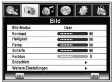 Bild Bild-Modus User Kontrast 50 Helligkeit 50 Farbe 50 Schärfe 50 Farbton 0 Bildschirm Weltere Einstellungen