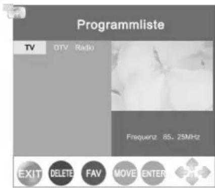 Programmliste TV OTV Radio Frequenz 85. 25MHz EXIT DELETE FAV MOVE ENTER