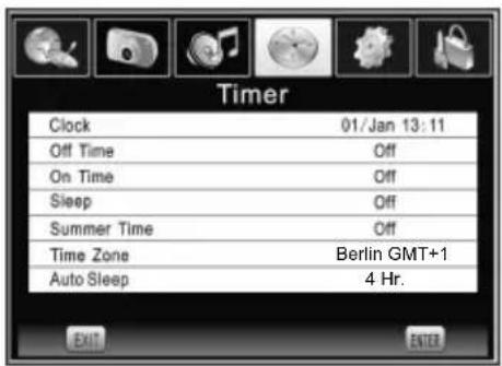 Timer Clock 01/Jan 13:11 Off Time Off On Time Off Sleep Off Summer Time Off Time Zone Berlin GMT+1 Auto Sleep 4 Hr. EXIT ENTER